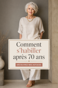Femme de 70 ans vêtue d'une tenue élégante et intemporelle, suggérant le style à tout âge.
