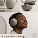 Écouteurs sphériques transformables sur une table en bois, mettant en valeur leur design moderne.