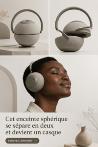 Écouteurs sphériques transformables sur une table en bois, mettant en valeur leur design moderne.