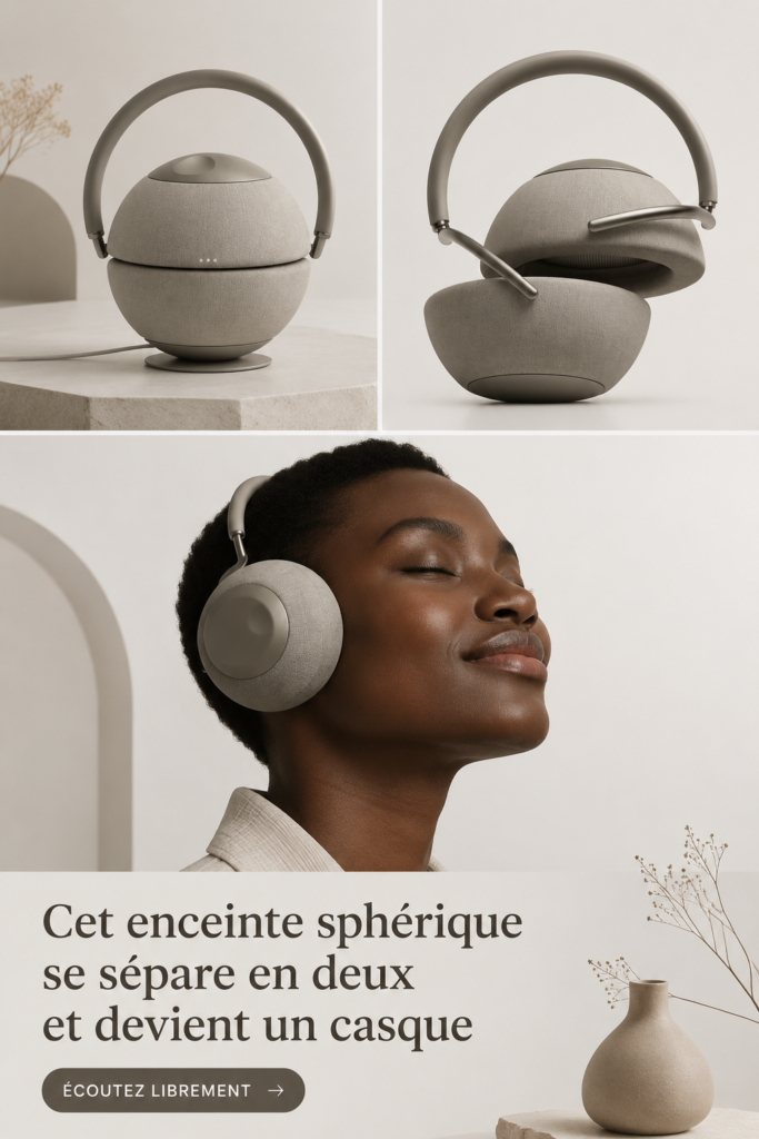 Écouteurs sphériques transformables sur une table en bois, mettant en valeur leur design moderne.