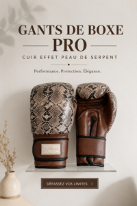 Gants de boxe en cuir serpent, élégants et performants, présentés sur un fond neutre