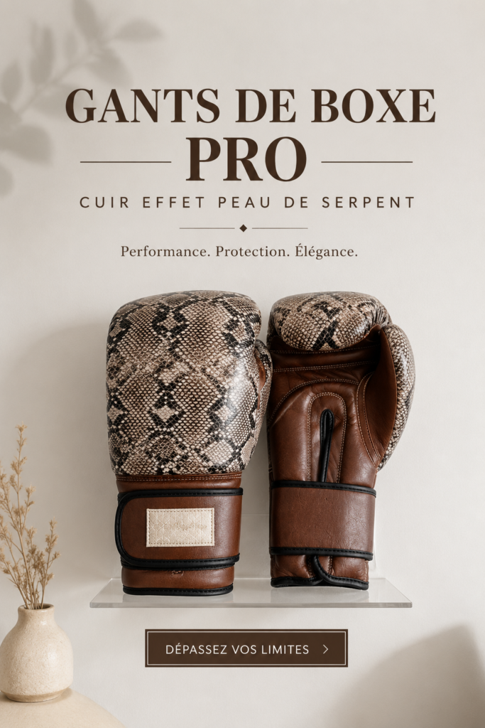 Gants de boxe en cuir serpent, élégants et performants, présentés sur un fond neutre