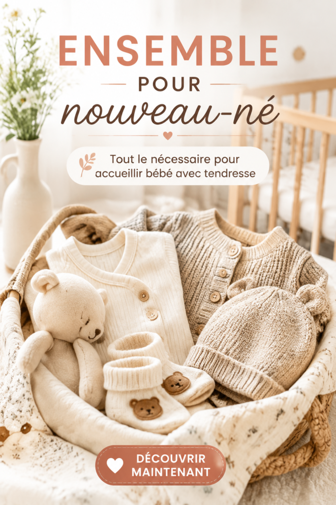Ensemble mignon pour nouveau-né, incluant un pyjama et un bonnet doux.