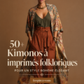 Femme en kimono boho avec des motifs colorés pour l'automne