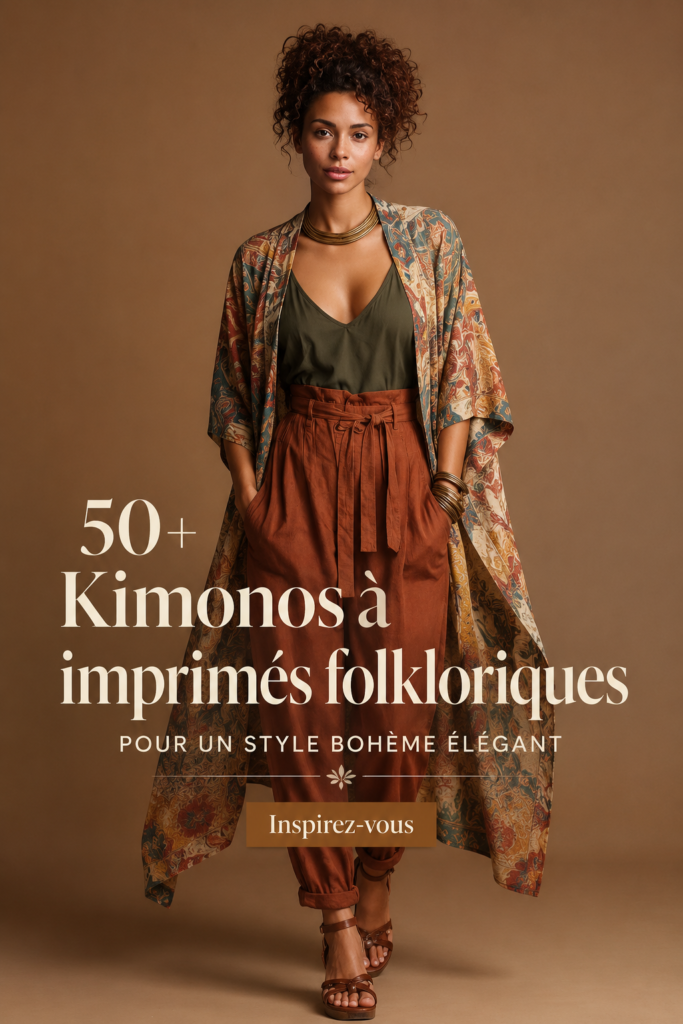 Femme en kimono boho avec des motifs colorés pour l'automne