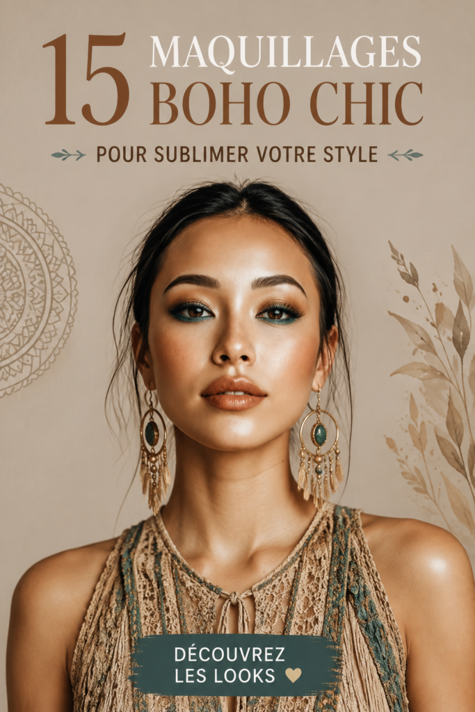Look de maquillage boho chic avec des couleurs naturelles et des accents floraux.