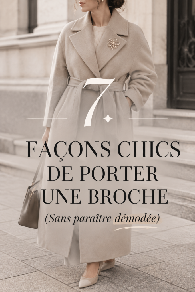 Femme élégante portant une broche moderne sur un manteau chic.