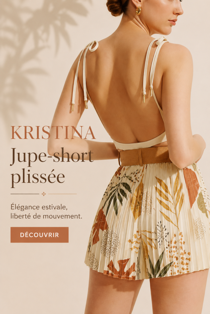 Femme portant un skort plissé tendance en été, avec un haut élégant.