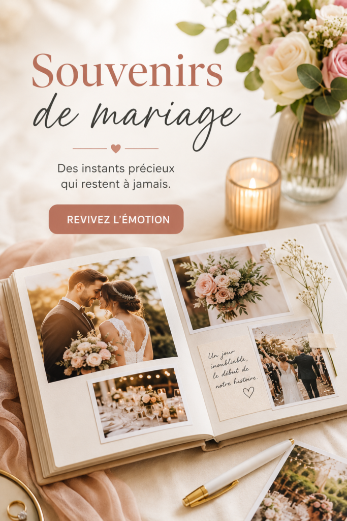 Des souvenirs de mariage artisanaux illustrant des moments de bonheur et d'amour.