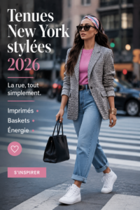 Femme portant un look stylé inspiré des tendances de New York en 2026, avec des imprimés et des sneakers.