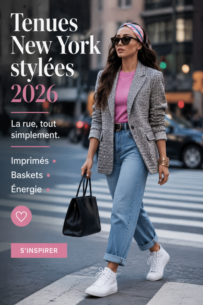 Femme portant un look stylé inspiré des tendances de New York en 2026, avec des imprimés et des sneakers.