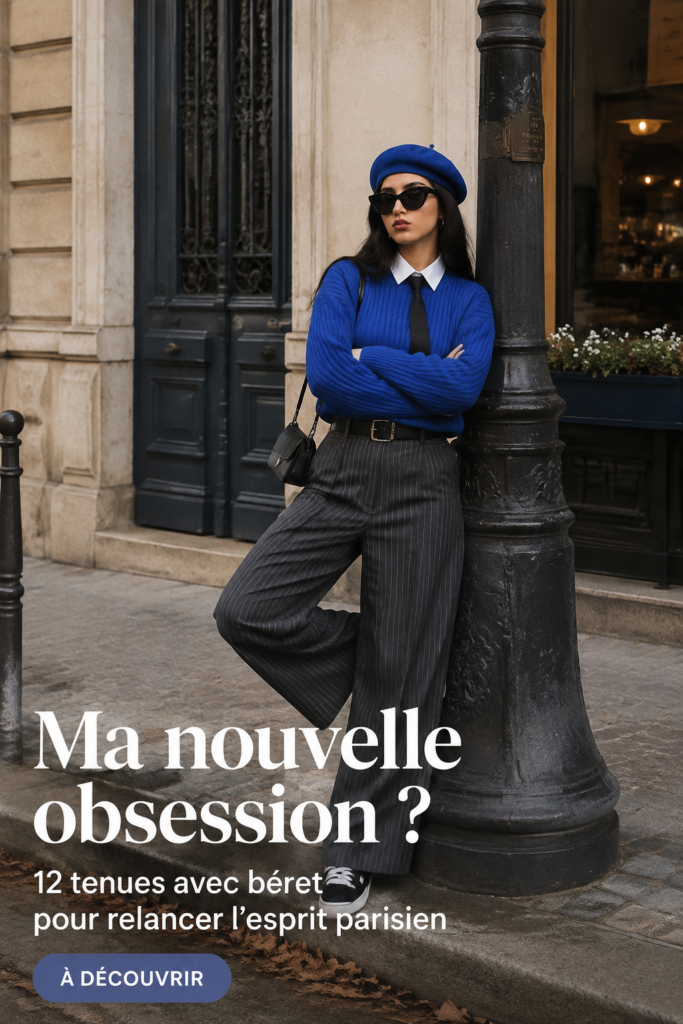 Femme élégante portant un béret avec une tenue parisienne chic.