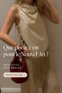 Femme portant une élégante tenue de fête pour le Nouvel An, avec des accessoires brillants.