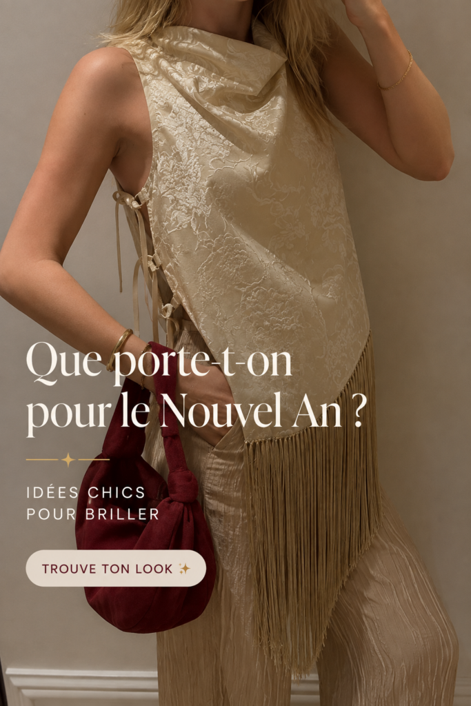 Femme portant une élégante tenue de fête pour le Nouvel An, avec des accessoires brillants.