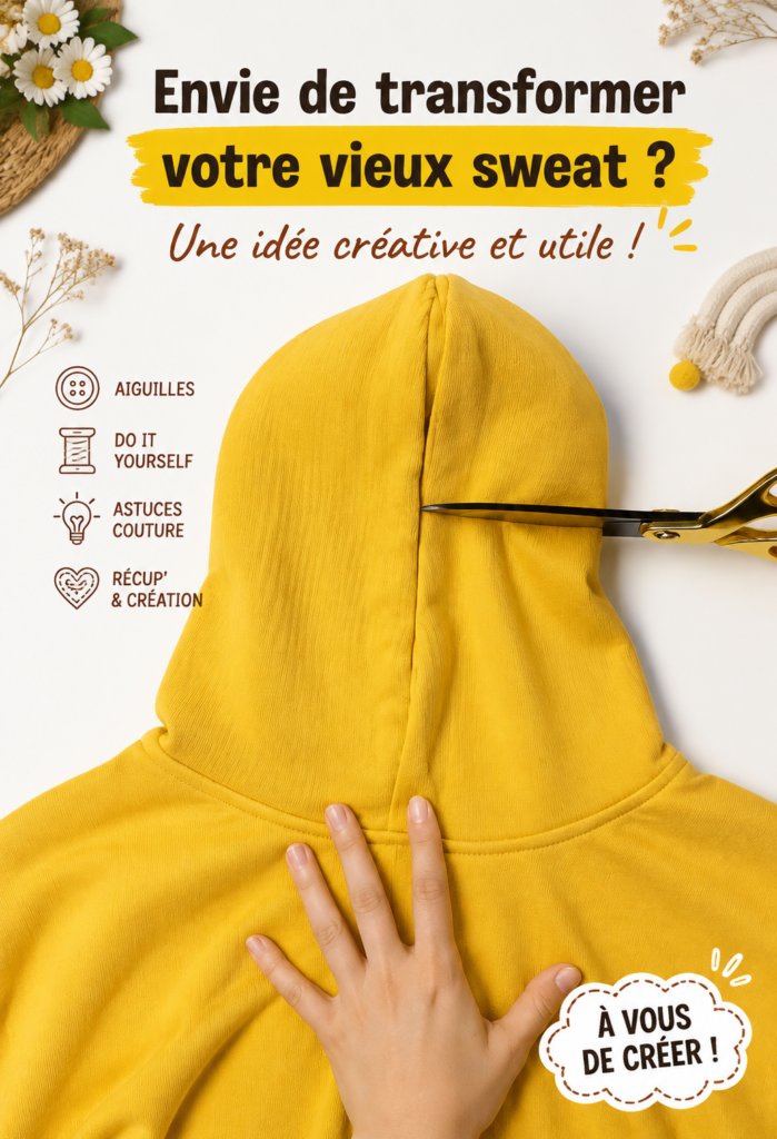 Un vieux hoodie transformé en sac décoratif coloré sur une table en bois.