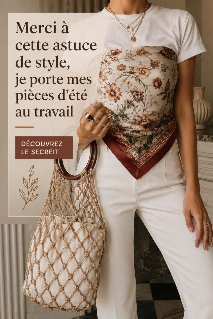 Femme portant une tenue d'été élégante au bureau, mélangeant style et professionnalisme.