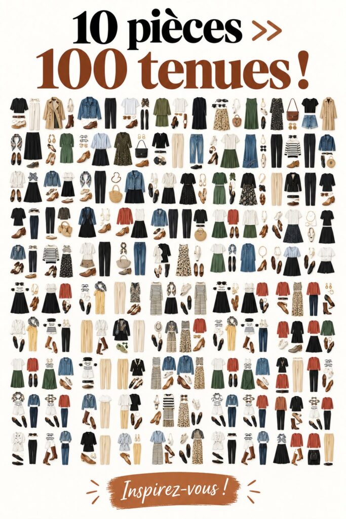 Dix pièces de vêtements élégants disposées sur un mannequin, illustrant la polyvalence de la mode.