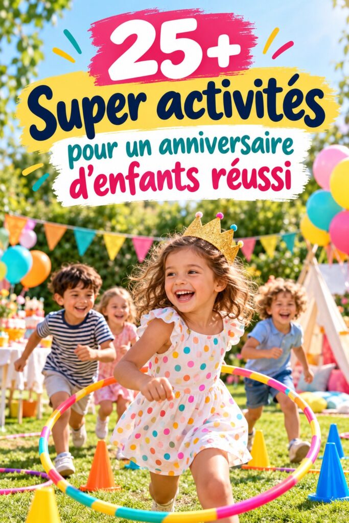 Groupe d'enfants jouant à des jeux d'anniversaire, rires et joie au rendez-vous.