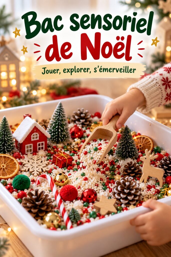 Un bac sensoriel de Noël rempli de décorations et d'éléments festifs pour les enfants.