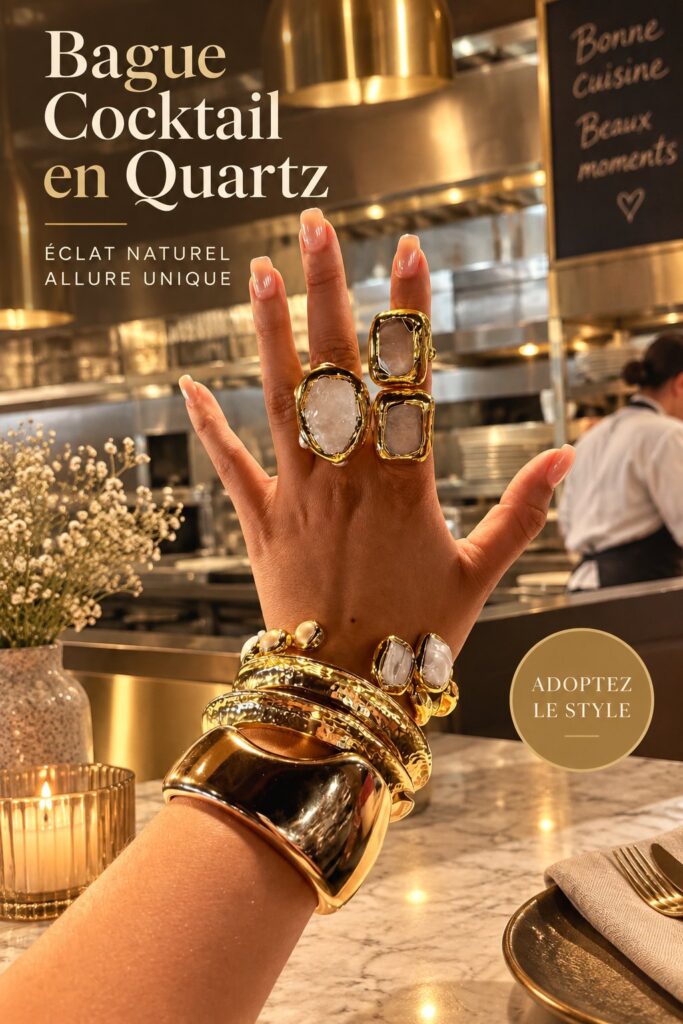 Bague cocktail en quartz présenté sur une table élégante, mettant en valeur son éclat