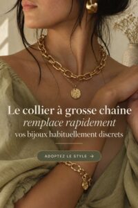 Femme portant un collier à chaînes épaisses en argent, illustrant la tendance mode actuelle.