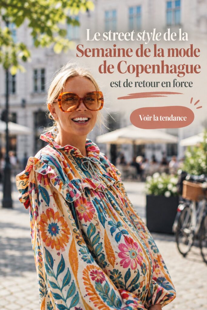 Un look inspiré de la Fashion Week de Copenhague, avec des couleurs vives et des vêtements modernes.