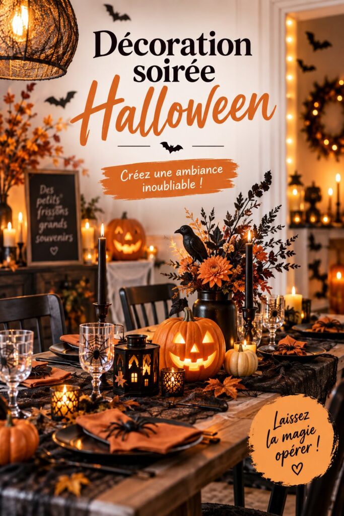 Décoration de soirée Halloween avec des citrouilles et des guirlandes lumineuses créant une ambiance festive.