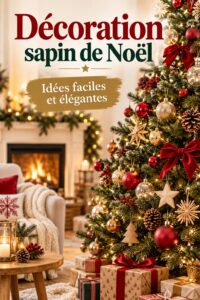 Un sapin de Noël décoré avec des ornements colorés et modernes, créant une ambiance festive.