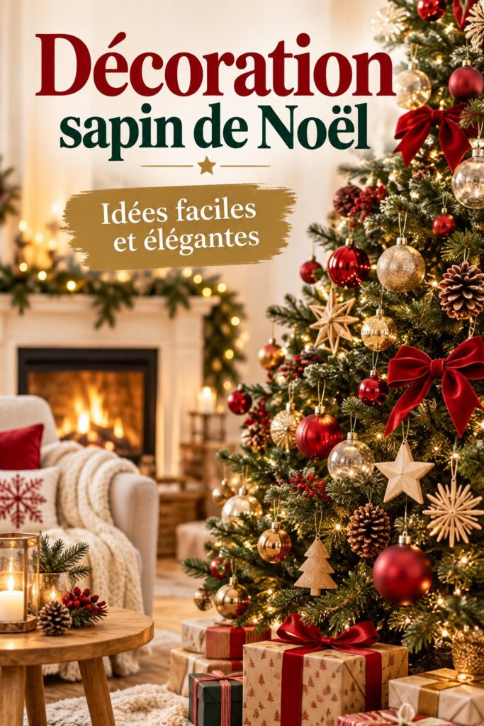 Un sapin de Noël décoré avec des ornements colorés et modernes, créant une ambiance festive.