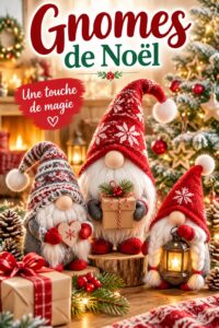 Des gnomes de Noël colorés en décoration sur une table festonnée.