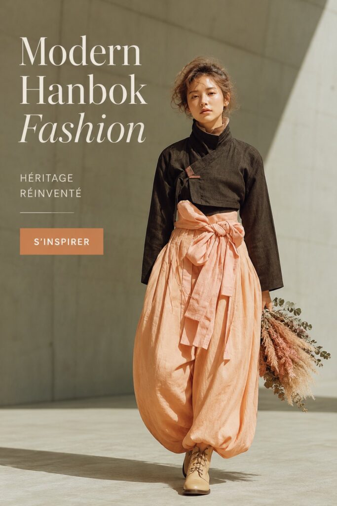 Femme élégante portant un Hanbok moderne lors d'un événement festif.