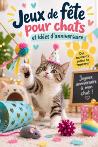 Une fête d'anniversaire joyeuse pour un chat avec des décorations colorées et des jeux interactifs.