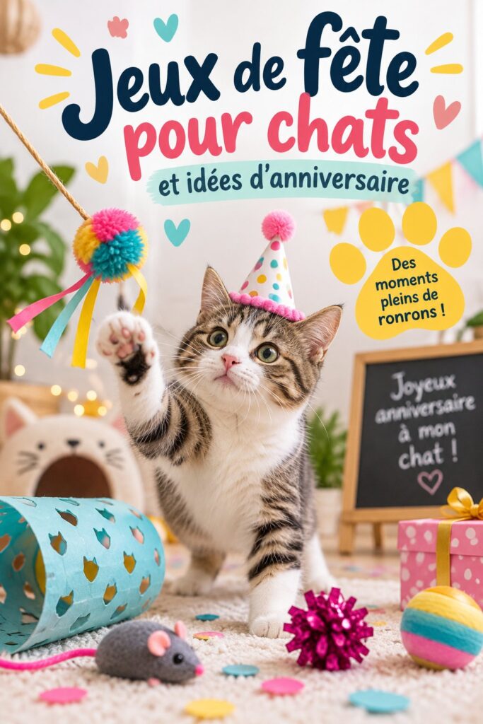 Une fête d'anniversaire joyeuse pour un chat avec des décorations colorées et des jeux interactifs.