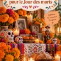Autel décoré pour le Jour des Morts avec des fleurs et des photos de proches