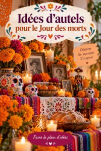 Autel décoré pour le Jour des Morts avec des fleurs et des photos de proches