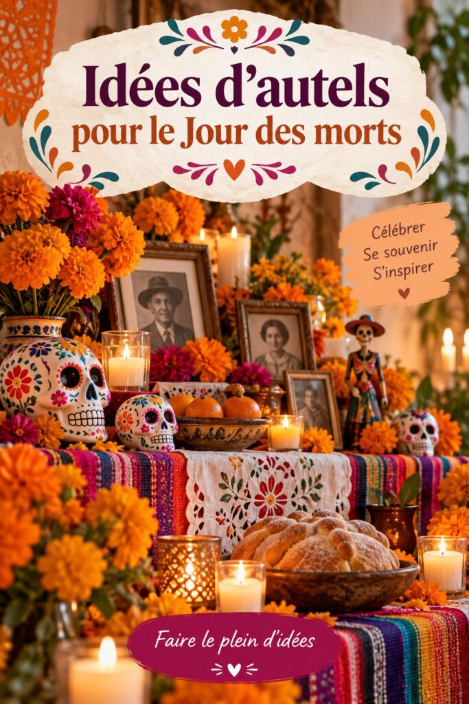 Autel décoré pour le Jour des Morts avec des fleurs et des photos de proches