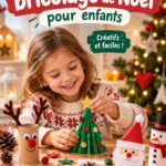 Une table de bricolage de Noël avec des enfants créant des décorations colorées.