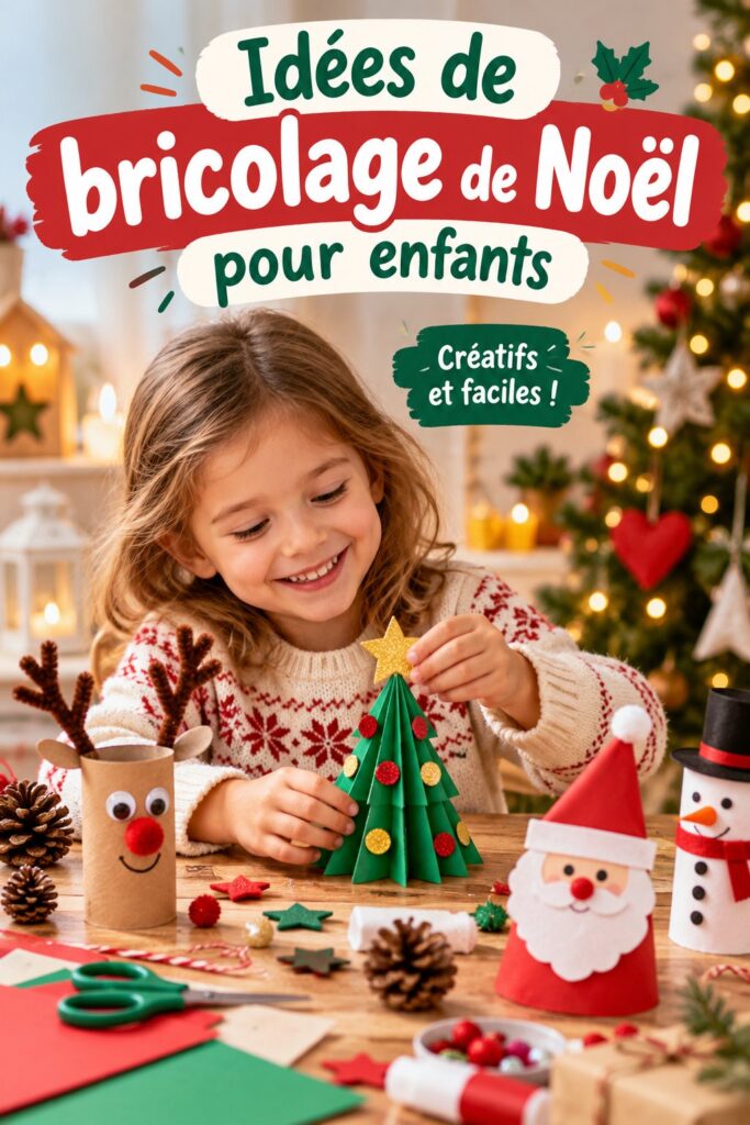 Une table de bricolage de Noël avec des enfants créant des décorations colorées.