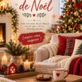 Une salle décorée pour Noël avec des lumières scintillantes et des ornements colorés.
