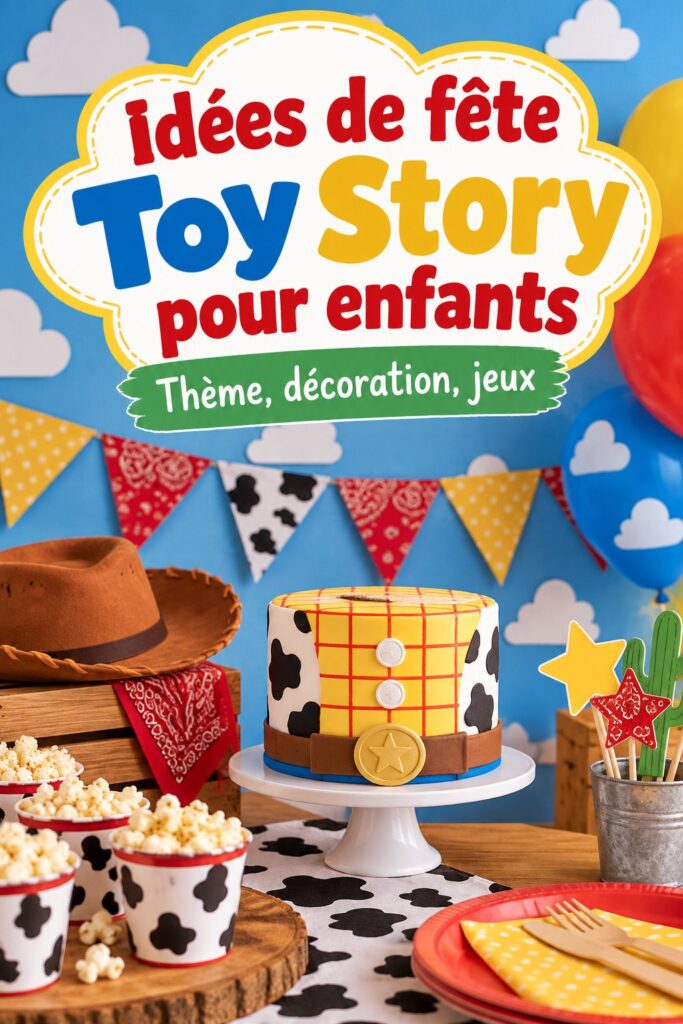 Fête d'anniversaire inspirée de Toy Story avec décorations colorées et thème chaleureux.