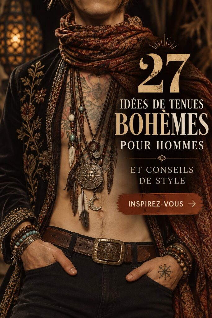 Une femme en tenue bohème avec des motifs floraux et un chapeau, incarnant le style bohème.