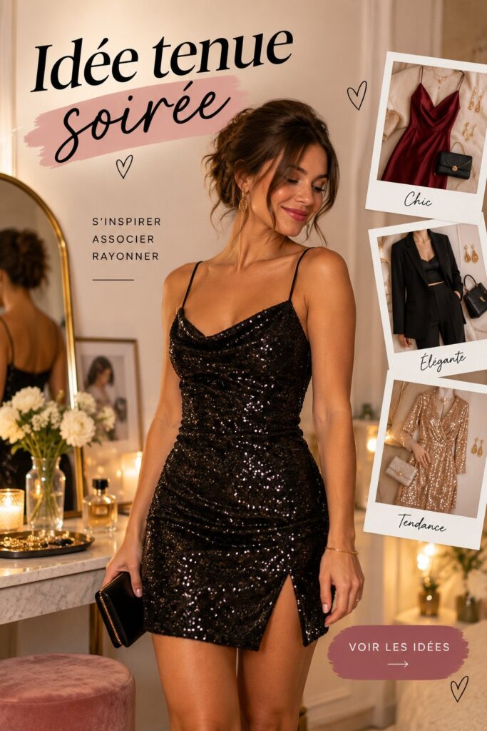 Femme dans une élégante robe de soirée noire, prête pour une fête, lumière du soir en toile de fond.