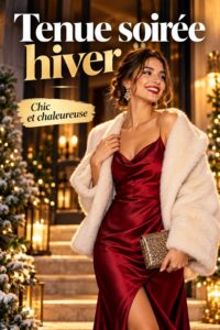 Une femme élégamment vêtue pour une soirée d'hiver, arborant une tenue chic et chaleureuse.
