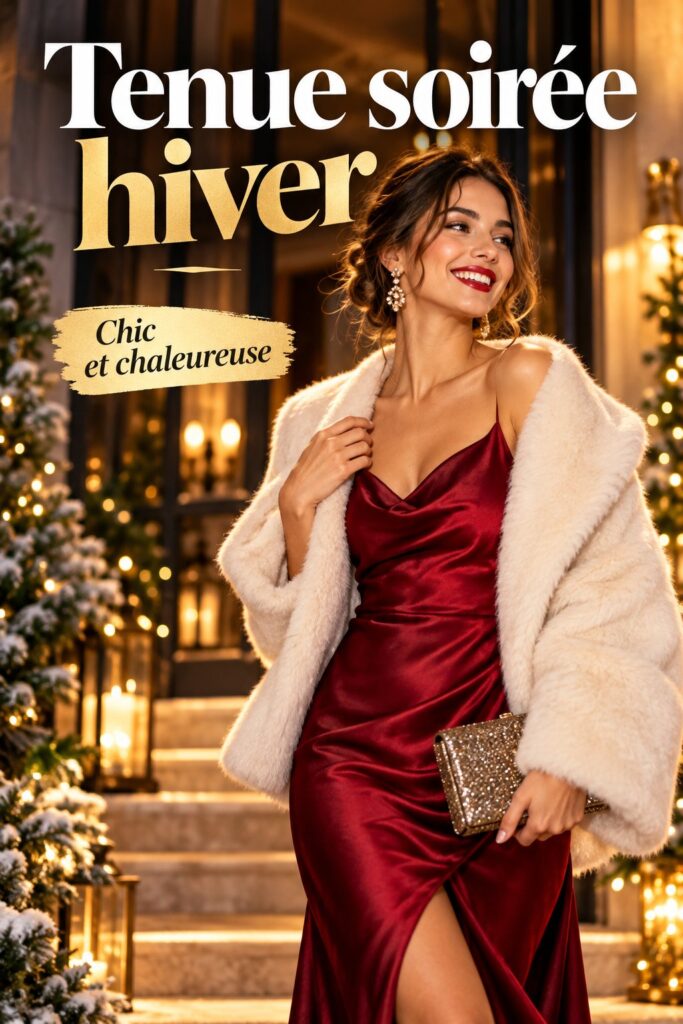 Une femme élégamment vêtue pour une soirée d'hiver, arborant une tenue chic et chaleureuse.