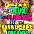 Groupe d'enfants jouant à des jeux d'anniversaire en extérieur, décorations colorées visibles