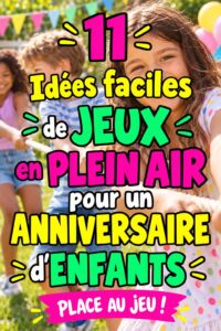 Groupe d'enfants jouant à des jeux d'anniversaire en extérieur, décorations colorées visibles