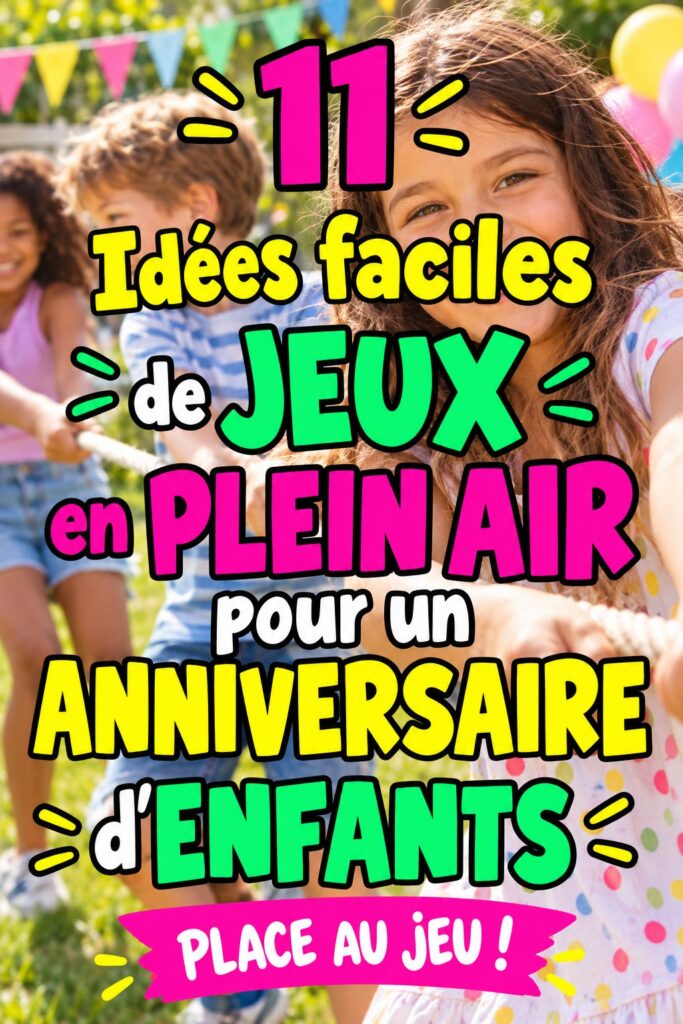 Groupe d'enfants jouant à des jeux d'anniversaire en extérieur, décorations colorées visibles