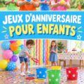 Des enfants s'amusent à des jeux d'anniversaire colorés et joyeux.