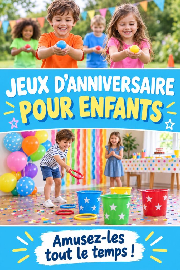 Des enfants s'amusent à des jeux d'anniversaire colorés et joyeux.