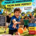 Des enfants jouant à un jeu d'anniversaire dans un jardin.